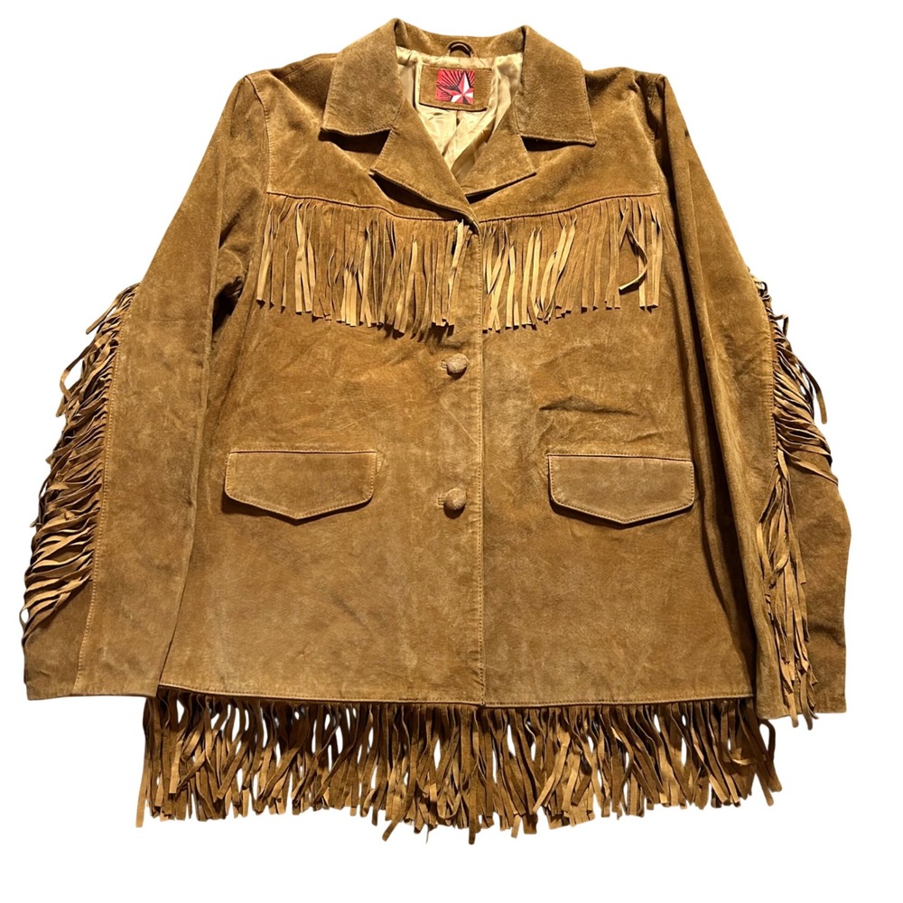 VTG Marlboro Gear Fringe Suede Jacket Womens L Tan Western Boho Leather Coat Y2K